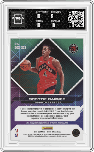 Scottie Barnes from the 2021-22 Panini Recon set featuring a Red parallel graded by Arena Club and given an overall grade of 9.5.