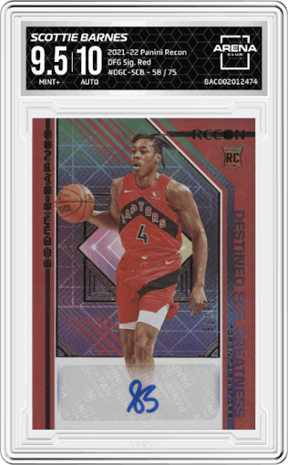 Scottie Barnes from the 2021-22 Panini Recon set featuring a Red parallel graded by Arena Club and given an overall grade of 9.5.
