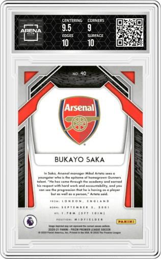 Bukayo Saka from the 2020-21 Panini Prizm Premier League set graded by Arena Club and given an overall grade of 9.5.