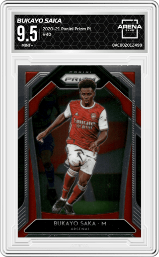 Bukayo Saka from the 2020-21 Panini Prizm Premier League set graded by Arena Club and given an overall grade of 9.5.