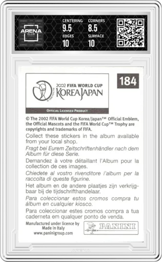 Ronaldo from the 2002 Panini World Cup Korea Japan Stickers set featuring a Black Back parallel graded by Arena Club and given an overall grade of 9.