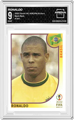 Ronaldo from the 2002 Panini World Cup Korea Japan Stickers set featuring a Black Back parallel graded by Arena Club and given an overall grade of 9.
