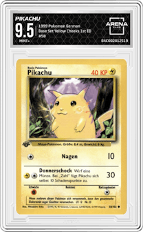 Pikachu from the 1999 Pokemon DEU set featuring a Yellow Cheeks parallel graded by Arena Club and given an overall grade of 9.5.