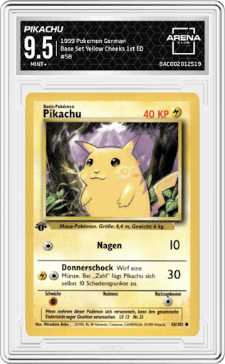 Pikachu from the 1999 Pokemon DEU set featuring a Yellow Cheeks parallel graded by Arena Club and given an overall grade of 9.5.