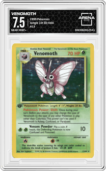 Venomoth from the 1999 Pokemon set graded by Arena Club and given an overall grade of 7.5.