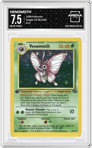 Venomoth from the 1999 Pokemon set graded by Arena Club and given an overall grade of 7.5.