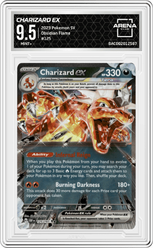 Charizard EX from the 2023 Pokemon SV set graded by Arena Club and given an overall grade of 9.5.