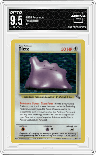 Ditto from the 1999 Pokemon set graded by Arena Club and given an overall grade of 9.5.