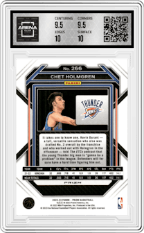 Chet Holmgren from the 2022-23 Panini Prizm  set featuring a Hyper parallel graded by Arena Club and given an overall grade of 10.