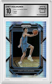 Chet Holmgren from the 2022-23 Panini Prizm  set featuring a Hyper parallel graded by Arena Club and given an overall grade of 10.