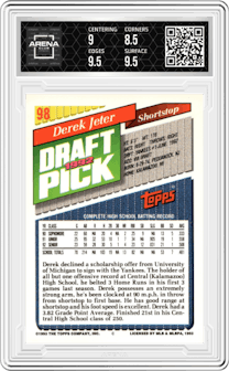 Derek Jeter from the 1993 Topps set graded by Arena Club and given an overall grade of 9.