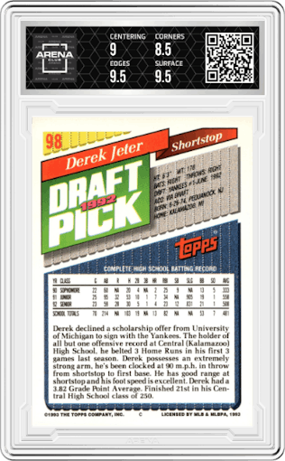 Derek Jeter from the 1993 Topps set graded by Arena Club and given an overall grade of 9.