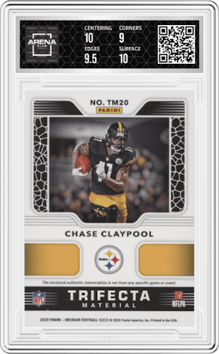 Chase Claypool from the 2020 Panini Obsidian set featuring a Electric Etch Orange parallel graded by Arena Club and given an overall grade of 9.5.