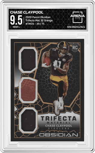Chase Claypool from the 2020 Panini Obsidian set featuring a Electric Etch Orange parallel graded by Arena Club and given an overall grade of 9.5.