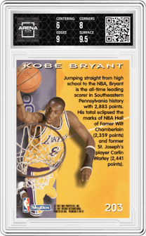 Kobe Bryant from the 1996-97 Skybox Premium set graded by Arena Club and given an overall grade of 6.5.