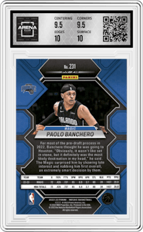 Paolo Banchero from the 2022-23 Panini Mosaic set featuring a Reactive Blue parallel graded by Arena Club and given an overall grade of 10.