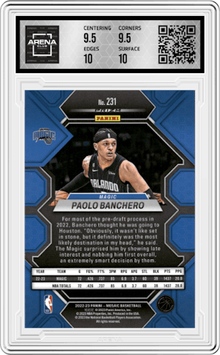 Paolo Banchero from the 2022-23 Panini Mosaic set featuring a Reactive Blue parallel graded by Arena Club and given an overall grade of 10.