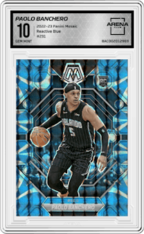 Paolo Banchero from the 2022-23 Panini Mosaic set featuring a Reactive Blue parallel graded by Arena Club and given an overall grade of 10.