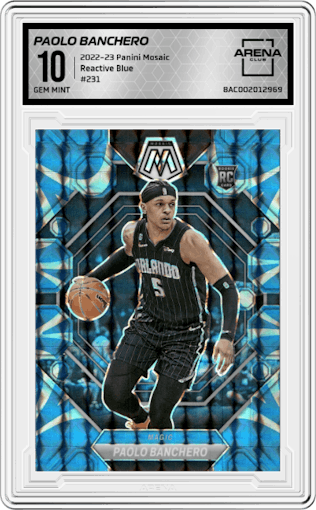 Paolo Banchero from the 2022-23 Panini Mosaic set featuring a Reactive Blue parallel graded by Arena Club and given an overall grade of 10.