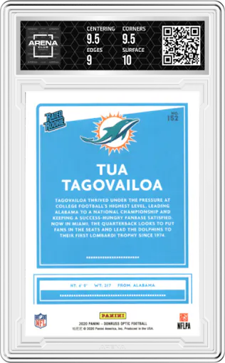 Tua Tagovailoa from the 2020 Panini Donruss Optic set graded by Arena Club and given an overall grade of 9.5.