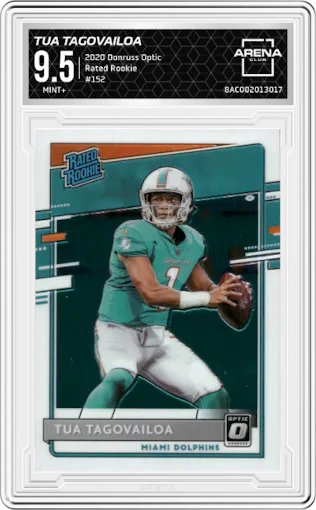 Tua Tagovailoa from the 2020 Panini Donruss Optic set graded by Arena Club and given an overall grade of 9.5.