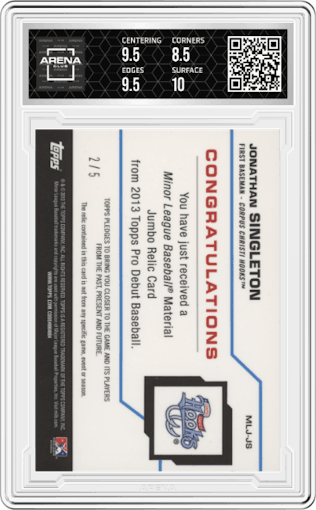 Jonathan Singleton from the 2013 Topps Pro Debut set graded by Arena Club and given an overall grade of 9.