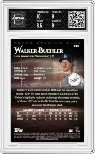 Walker Buehler from the 2019 Topps Stadium Club set featuring a Red Foil parallel graded by Arena Club and given an overall grade of 9.