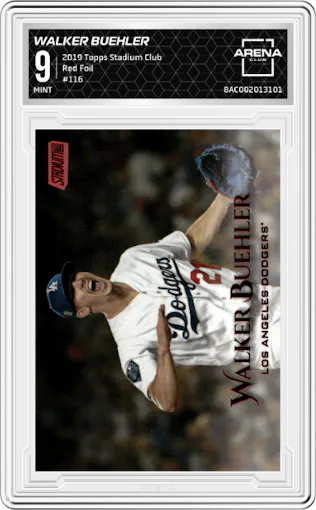 Walker Buehler from the 2019 Topps Stadium Club set featuring a Red Foil parallel graded by Arena Club and given an overall grade of 9.
