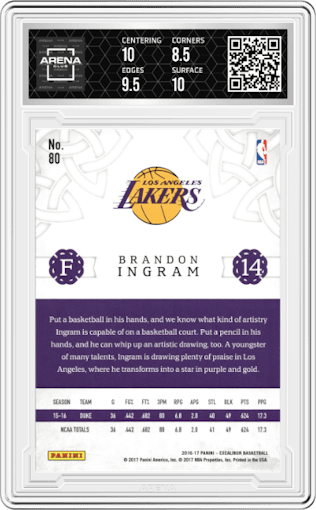 Brandon Ingram from the 2016-17 Panini Excalibur set graded by Arena Club and given an overall grade of 9.