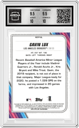 Gavin Lux from the 2020 Bowman Mega Box set graded by Arena Club and given an overall grade of 10.