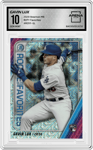 Gavin Lux from the 2020 Bowman Mega Box set graded by Arena Club and given an overall grade of 10.