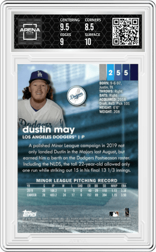 Dustin May from the 2020 Topps Stadium Club Chrome set graded by Arena Club and given an overall grade of 9.