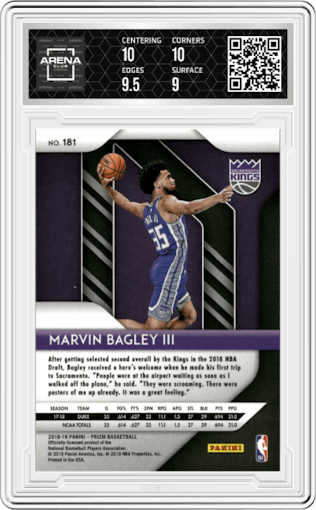 Marvin Bagley III from the 2018-19 Panini Prizm set graded by Arena Club and given an overall grade of 9.5.