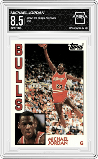 Michael Jordan from the 1992-93 Topps Archives set graded by Arena Club and given an overall grade of 8.5.
