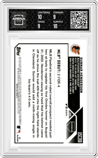 Gunnar Henderson from the 2023 Topps Chrome Update set featuring a Pink Refractor parallel graded by Arena Club and given an overall grade of 9.5.