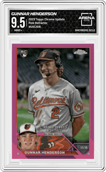 Gunnar Henderson from the 2023 Topps Chrome Update set featuring a Pink Refractor parallel graded by Arena Club and given an overall grade of 9.5.