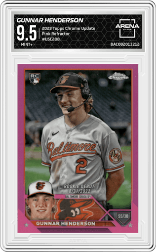 Gunnar Henderson from the 2023 Topps Chrome Update set featuring a Pink Refractor parallel graded by Arena Club and given an overall grade of 9.5.