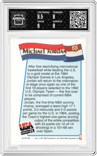 Michael Jordan from the 1991-92 NBA Hoops McDonald's set graded by Arena Club and given an overall grade of 8.