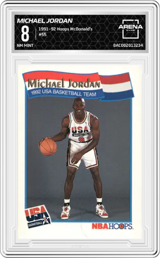 Michael Jordan from the 1991-92 NBA Hoops McDonald's set graded by Arena Club and given an overall grade of 8.