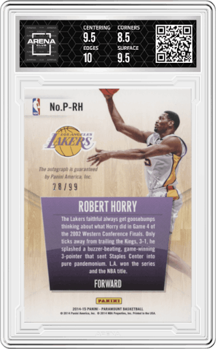 Robert Horry from the 2014-15 Panini Paramount set graded by Arena Club and given an overall grade of 9.