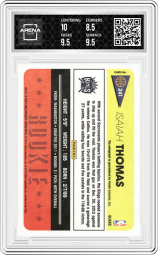 Isaiah Thomas from the 2012-13 Panini Past & Present set graded by Arena Club and given an overall grade of 9.