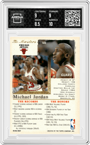 Michael Jordan  from the 1995-96 Topps Gallery set graded by Arena Club and given an overall grade of 9.