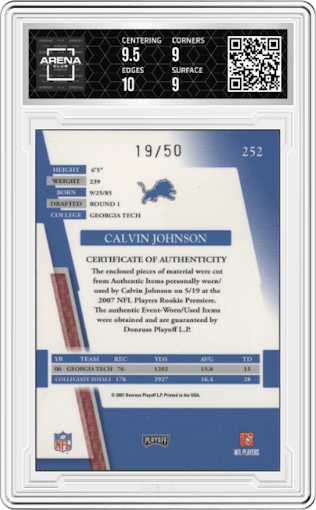Calvin Johnson from the 2007 Playoff Absolute Memorabilia set featuring a Jumbo parallel graded by Arena Club and given an overall grade of 9.5.