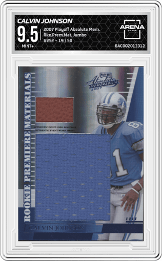 Calvin Johnson from the 2007 Playoff Absolute Memorabilia set featuring a Jumbo parallel graded by Arena Club and given an overall grade of 9.5.