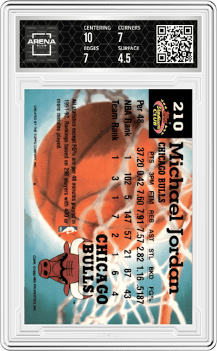 Michael Jordan from the 1992-93 Topps Stadium Club set graded by Arena Club and given an overall grade of 5.