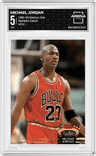 Michael Jordan from the 1992-93 Topps Stadium Club set graded by Arena Club and given an overall grade of 5.