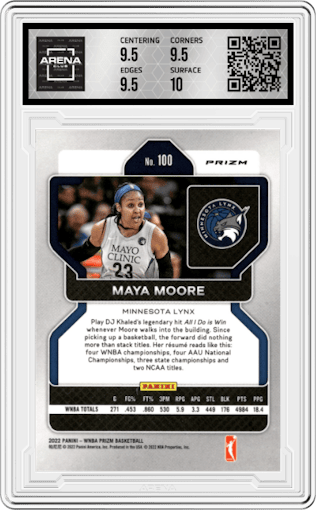 Maya Moore from the 2022 Panini Prizm WNBA set featuring a Green Prizm parallel graded by Arena Club and given an overall grade of 10.