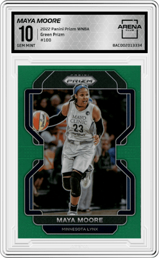 Maya Moore from the 2022 Panini Prizm WNBA set featuring a Green Prizm parallel graded by Arena Club and given an overall grade of 10.