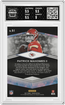Patrick Mahomes II from the 2021 Panini Prizm set graded by Arena Club and given an overall grade of 9.5.