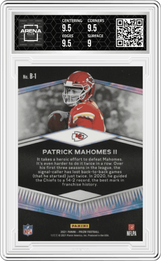 Patrick Mahomes II from the 2021 Panini Prizm set graded by Arena Club and given an overall grade of 9.5.